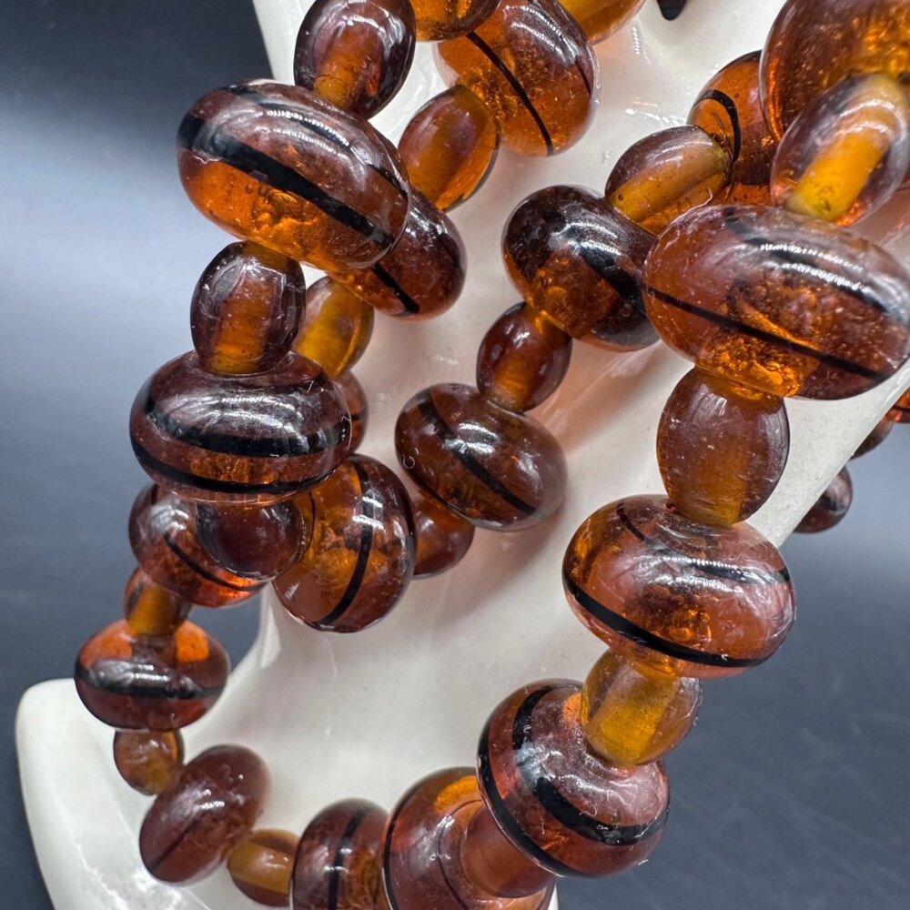 Vintage Amber Glass Bead Necklace Lampwork Swirl Handmade Heavy Jewelry Brown - Picture 2 of 7
